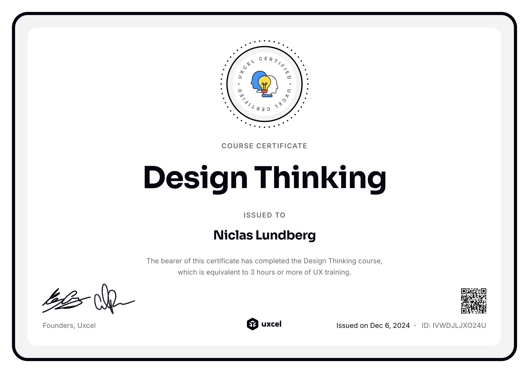 Niclas Lundberg's certificate